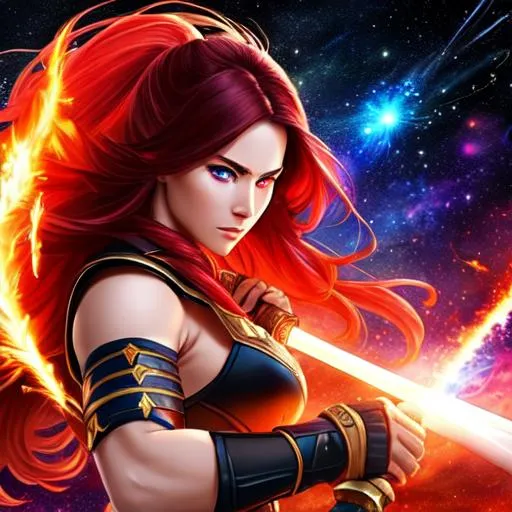 Prompt: A strong warrior woman holding a sword with a shield is destroying a galaxy,long hair,flaming sword, into cosmic space, fighting against space,red eyes,