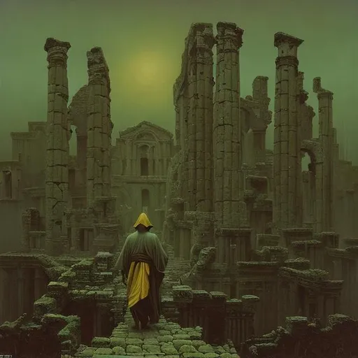 Prompt: A creepy old man with a hunchback, walking in dark robes, wearing a yellow mask, ancient ruins in the background, as painted by Beksiński