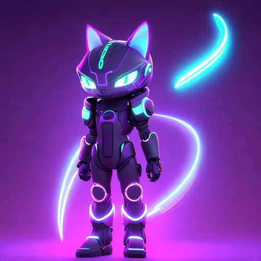 Prompt: Cyber, cat, cute, robot, likable, interesting, calm, center, neon, realistic, laser, symmetrical, purple, full body, humanized, tail