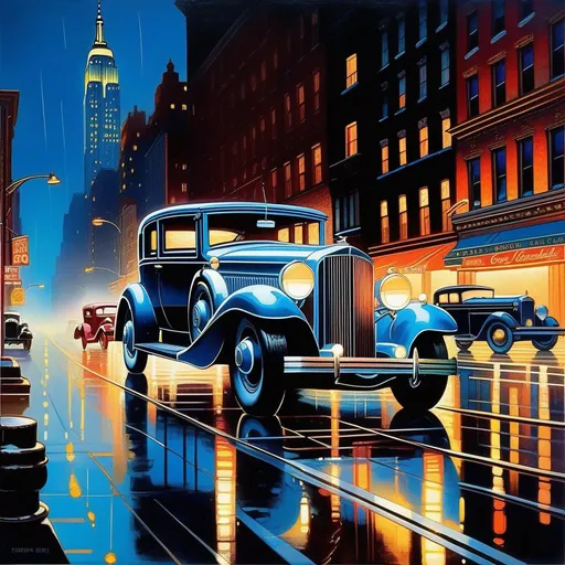 Prompt: 1930s, downtown New York at night, neon, car chase, rain, fog, cold blue atmosphere, cartoony style, extremely detailed painting by Greg Rutkowski and by Henry Justice Ford and by Steve Henderson 

