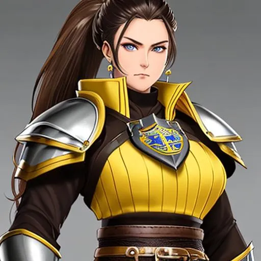 Prompt: brown hair, long ponytail, long sideburns, yellow knight chest plat, big yellow knight shoulder plats, silver knight gauntlet, black long sleeve shirt, brown belt, silver knight armor skirt, black pants, silver knight greaves, badge scarf, badge sash, woman, muscle, body, stand, knight, brown eyes, serious, action poses 