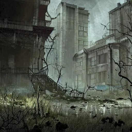 Prompt: abandoned haunted distant buildings detailed biopunk