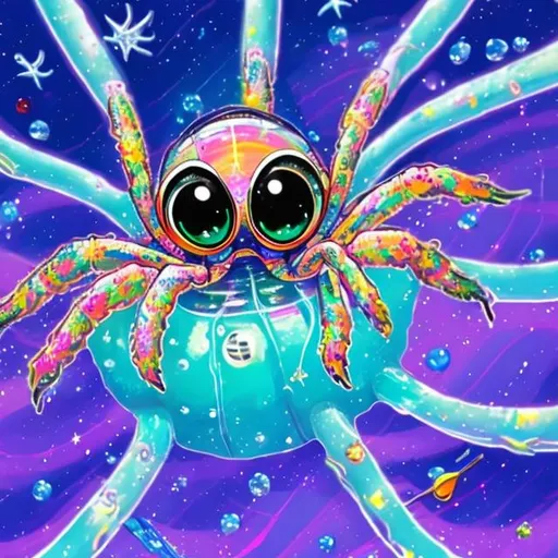 Prompt: Cute Water spider going down a Water slide in outer space in the style of Lisa frank