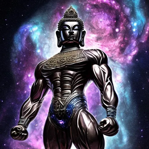 Prompt: alexandrite armored bodybuilding buddha, widescreen, infinity vanishing point, spiral galaxy nebula background