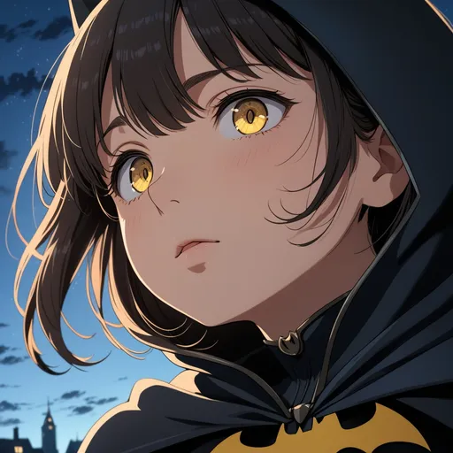 Prompt: anime, 1girl, wearing batman suit, on rooftop, from below, Studio Ghibli style, yellow eyes, mole, beautiful face, 8K, (dynamic perspective), sharp focus, extremely detailed eyes and face, beautiful detailed eyes, cinematic lighting, ((masterpiece, best quality))