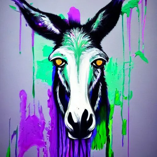 Prompt: abstract painting of a donkey, in black, dark green, purple. 8k, dripping paint, paint spill, extreme detail, intricate detail, masterpiece, trending on artstation,