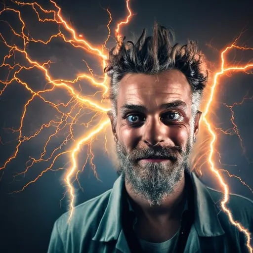 Prompt: mad scientist with beard holding lightning