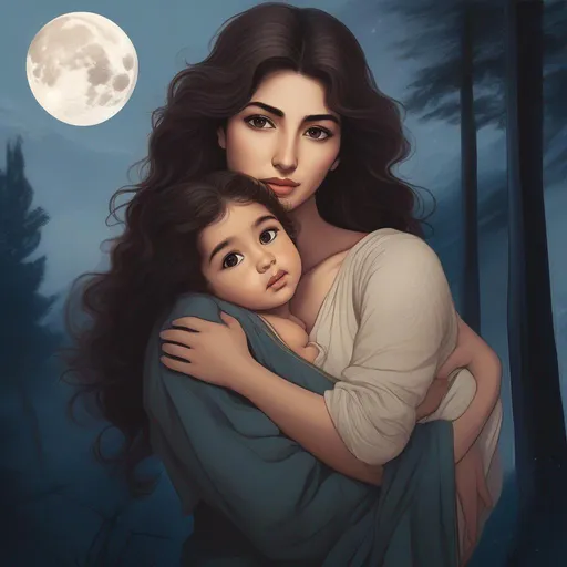 Prompt: highest quality anime art masterpiece, digital drawing, Azerbaijani woman with long black thick wavy messy hair:vistani, carrying a baby in her arms, round face, broad cheeks, sad in a forest on a dark foggy night, big brown eyes, tanned skin:2, waxing moon, huge long wide broad hooked greek aquiline algerian oriental arabic nose, flat chest, ethereal, jewelry set, highres, realistic, highly detailed, fantasy, gypsy, roma, D&D, Ravenloft, by Ilya Kuvshinov