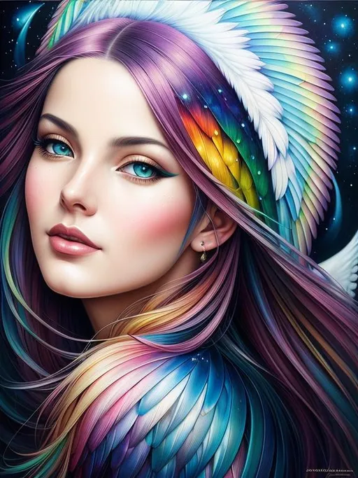 Prompt: Create a breathtaking and lifelike painting inspired by hypothetic Anna Dittmann's "The rainbow Hawk Wizard" artwork. Your painting should be a captivating and detailed piece of fantasy art that showcases the intricate beauty of the original work. Pay close attention to the lighting and shading of the subject to achieve a photorealistic effect. Experiment with a range of brush strokes and techniques to create texture and depth in the Wizards' hair, and ensure that every detail is meticulously rendered to bring the painting to life. In terms of composition, consider the placement of the queen within the frame and the use of negative space to enhance the overall aesthetic. Use a variety of triadic color schemes and tones to create a mood that is both alluring and mysterious. Your painting should be of the highest quality, with a resolution suitable for printing in high definition. Take inspiration from the original artwork and add your own unique touches to create a stunning fantasy art piece that is sure to enchant and inspire.