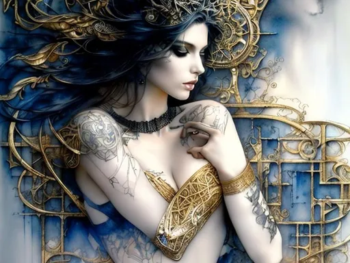 Prompt: fine art portrait by Luis Royo, fantastically beautiful face - dark blue ink, gold watercolor, very thin lines, extremely detailed, precise work, a masterpiece.
