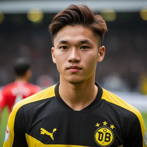 Prompt: Guy in late teens to early 20s whose father is Danish (and a smaller bit German) and whose mother is Chinese, Malaysian, and Taiwanese Filipina (he looks mixed - also called Wasian). He is a footballer for Denmark national team and club AGF (soon transferring to Newcastle United, Tottenham Hotspur, Atletico Madrid, or Borussia Dortmund) as he shown wearing all 6 shirts in photo.