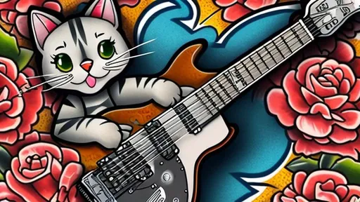 Prompt: in the style of american traditional tattoo, a cartoon cat playing electric guitar on a bed of roses