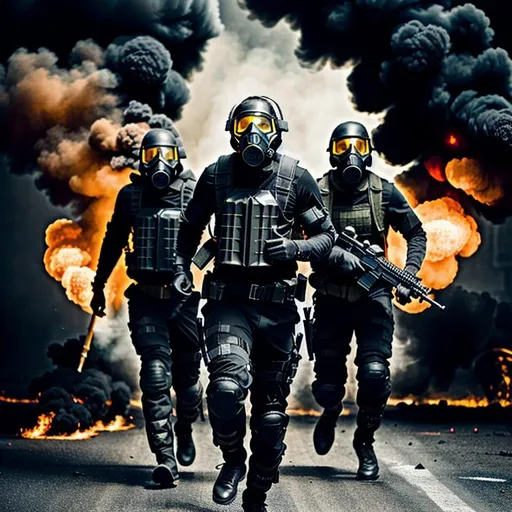 Prompt: Several mordern male black color with gas mask black, running with guns, background war battle in florest, Highly Detailed, Hyperrealistic, sharp focus, Professional, UHD, HDR, 8K, Render, electronic, dramatic, vivid, pressure, stress, nervous vibe, loud, tension, traumatic, dark, cataclysmic, violent, fighting, Epic.