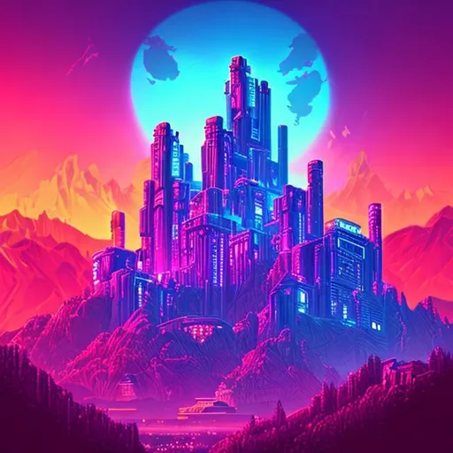 Prompt: Synthwave Fortress. Cyberpunk Castle in the mountains. 
