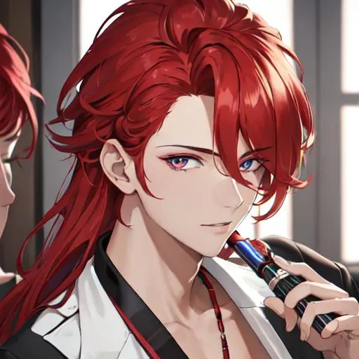 Prompt: Zerif 1male (Red side-swept hair covering his right eye) getting ready for his concert backstage, in the dressing room, UHD, 8K, highly detailed