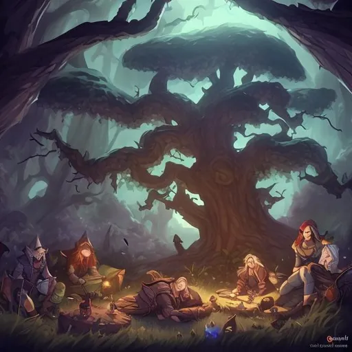 Prompt: DND characters sleeping under a tree at night, high quality
