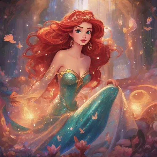 Prompt: Vivid, detailed, Disney art style, full body, Ariel Disney Princess, Hair part on left side, sparkling godess robe, mythology