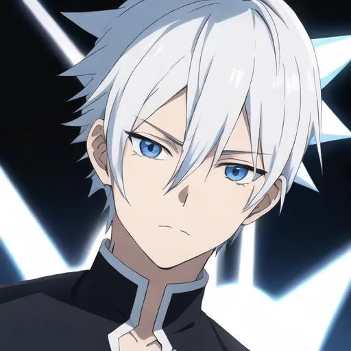 Prompt: Anime boy with dark blue eyes and white spiky hair