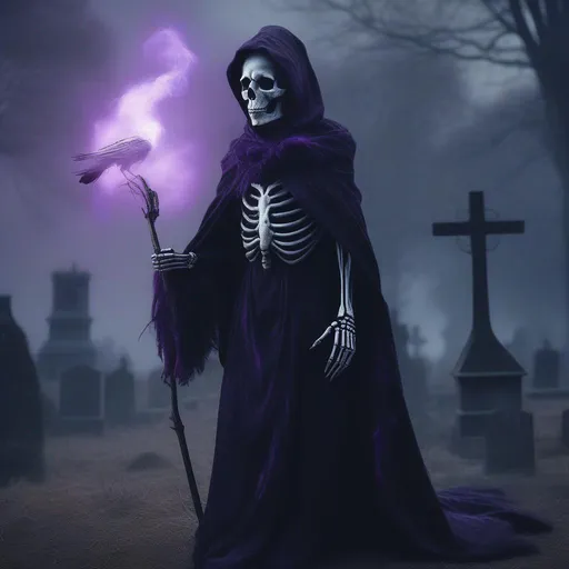 Prompt: anthropomorphic, skeleton raven starting out over a graveyard, realistic, human proportions, glowing purple eyes, dark room, white colors, dark magic, long robe, magic staff, medieval, high definition, professional, fog, smoke, professional, 4K. HD, High RES