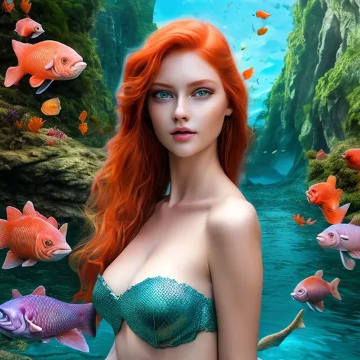 Prompt: 4k professional modeling photo live action human woman hd hyper realistic beautiful mermaid red hair fair skin blue eyes beautiful face green tail enchanting grotto landscape hd background with live action fish coral starfish