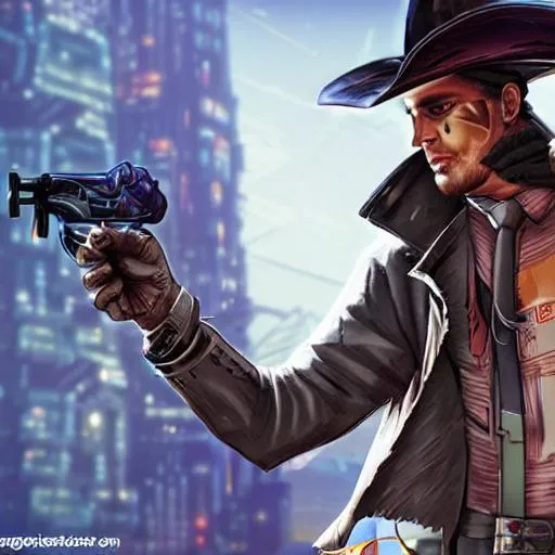 Prompt: Cyberpunk gunslinger with a old cowboy hat.