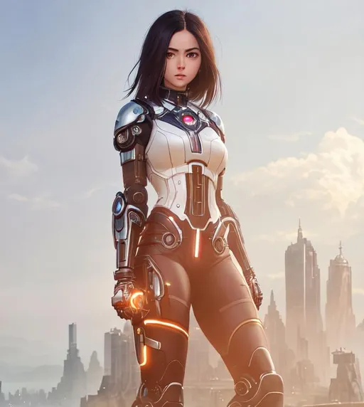 Prompt: alita, full body,brow eyes ,perfect composition, render trending on artstation, 8 k artistic photography, photorealistic concept art,natural volumetric cinematic perfect light, robotic ,black hair, Digital illustration, gorgeous ,perfect composition, render trending on artstation, 8 k artistic photography, photorealistic concept art, natural volumetric cinematic perfect light,cyborg