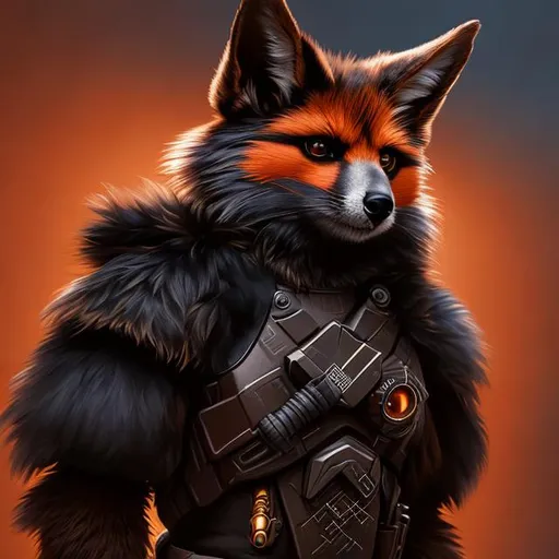 Prompt: vulpera, dark fur, anthropomorphic, full body, sci fi agent, uhd, photorealistic, very detailed