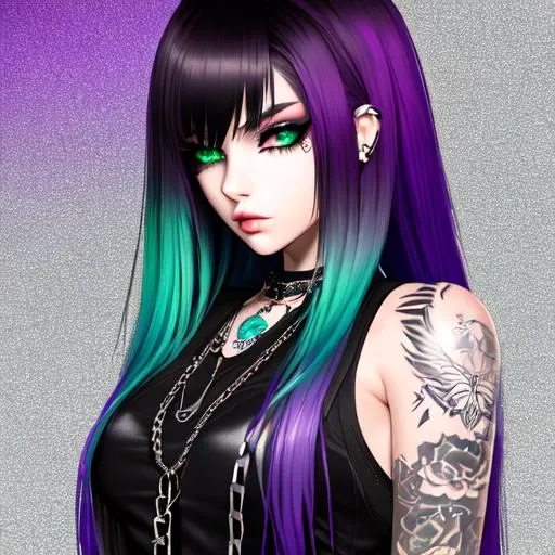 Prompt: an emo young woman, distinct tattoos, is undeniably attractive, with a unique appearance that sets her apart from others. Her hair is a wavy dark ombre to green, and her skin is pale white. Her eyes are a light, mesmerizing purple, with long lashes. she wears a e-girl and technopunk aesthetic clothes adorned with jewelry and chains. illustration, digital art, soft watercolor, technopunk aesthetic, fantasy, science fiction, beautiful, artstation, deviantart, highly detailed, hyper realistic, 8k, high definition, flare, blur, cinematic.