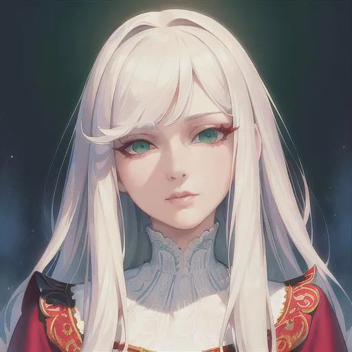 Prompt: (masterpiece, illustration, best quality:1.2), medium pure white hair, green eyes, wearing red nightgown, best quality face, best quality, best quality skin, best quality eyes, best quality lips, ultra-detailed eyes, ultra-detailed hair, ultra-detailed, illustration, colorful, soft glow, 1 girl