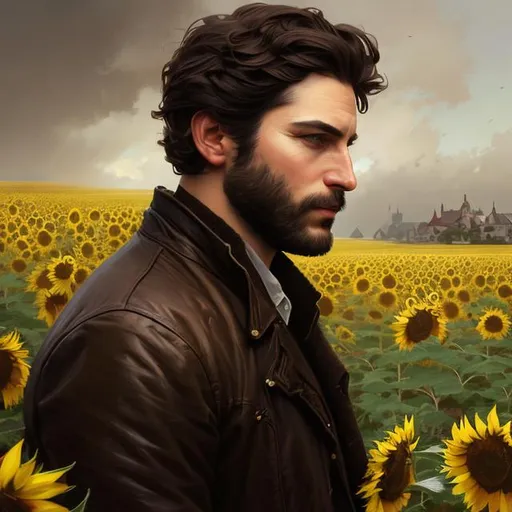 Prompt: Splash art portrait of ruggedly handsome dark brown haired man with short hair, with a very light stubble, 30 years old, in a sunflower field, very dark brown eyes, victorian light clothes, elegant, highly detailed, intricate, smooth, sharp focus, artstation, digital painting, concept art, art by greg rutkowski, alphonse mucha and John William Waterhouse, light, romantic, 
