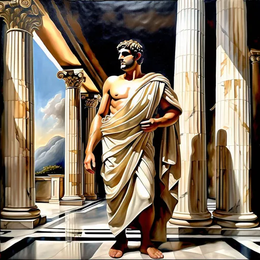 Prompt: The subject is a Greek person wearing a toga over a business suit. The toga drapes gracefully, adding a touch of ancient Greece to the modern attire. The environment is a grand hall with marble columns and statues, evoking a sense of classical elegance. The mood is a blend of tradition and sophistication. The artistic medium is oil painting, capturing the textures and colors in a rich and vibrant manner. Artists like Jean-Auguste-Dominique Ingres, Lawrence Alma-Tadema, and the Neoclassical movement inspire this concept. Camera settings: Film camera, soft lighting.