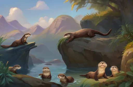 Prompt: Otters playing mischievously