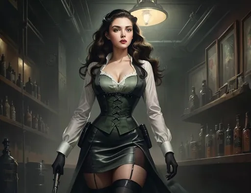 Prompt: digital painting concept art "the mistress" by ((Greg Rutkowski)), gritty noir, 1950s style, (supermodel) woman with ((green eyes)) and (long curly brown hair), (modest white silk blouse), grey miniskirt, thigh high nylon stockings, set in a warmly-lit busy speakeasy