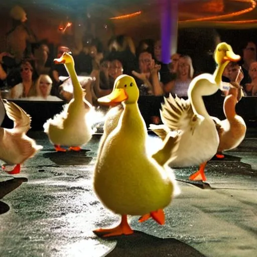 Prompt: duck night club, ducks dancing