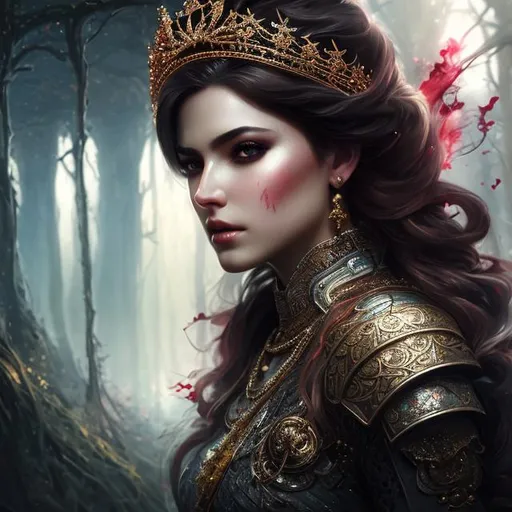Prompt: create beautiful fictional female with crown who is broken and bleeding blood, extremely, detailed environment, detailed background, intricate, detailed skin, natural colors , professionally color graded, photorealism, 8k, moody lighting



