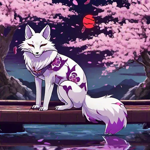Prompt: white and purple 9 tailed kitsune fox with mask sitting on traditional Japanese style bridge  as the river flows underneath with cherry blossom trees in the back ground, contrast colors, night sky with starts, Japanese style, vibrant background, zoomed out, aesthetic scars, bloody, hallucinations, power, high definition, professional brush strokes, HD, 4K 