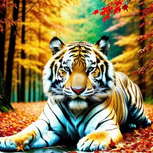 Prompt: long shot super detailed lifelike illustration, intricately detailed, portrait of super beautiful white tiger, autofocus, dramatic weather, fall, yellow and red Leafs, rainy day, blir forest{background} trees, dramatic rainy day, big and high waterfall.

masterpiece photoghrafic real digatal ultra realistic hyperdetailed 

 cinematic light, movie, high contrast 


volumetric lighting maximalist photo illustration 4k, resolution high res intricately detailed complex,

soft focus, realistic, heroic fantasy art, clean art, professional, colorful, rich deep color, concept art, CGI winning award, UHD, HDR, 8K, RPG, UHD render, HDR render, 3D render cinema 4D