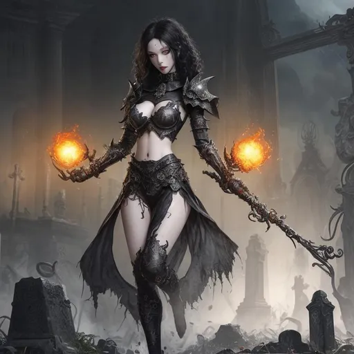 Prompt: splash art, hyper detailed perfect face, full body, hyper realistic, highly detailed, dark surreal cemetery,

beautiful, fantasy Asian ghoul, curly hair, full body, long legs, sumptuous perfect body, ultra pale skin, visible midriff, ultimate Fantasy dark knight armor, 

wearing heavy iron locked collar, staff wielder, casting ultra detailed magic fire balls,

high-resolution perfectly detailed feminine face, perfect proportions, ample cleavage, intricate hyper detailed hair, light makeup, demonic red eyes,

Dark, ethereal, elegant, exquisite, graceful, delicate, intricate, hopeful, glamorous, immaculate

HDR, UHD, high res, 64k, cinematic lighting, special effects, hd octane render, professional photograph, studio lighting, trending on artstation, perfect studio lighting, perfect shading.