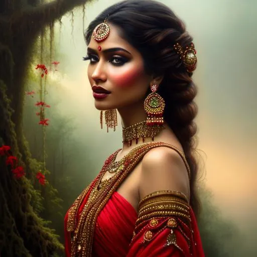 Prompt: ultra beautiful  Red Indian girl, ((((hyper transparency dress)))), Photo realistic, dark fantasy, sensual, brown eyes, black gown, tree line, brazier, mists, detailed beauty face, detailed beauty eyes, black long hair, surreal beauty, soft light, long shot, UHD, , 8k, high quality, oil painting, hyper realism, 