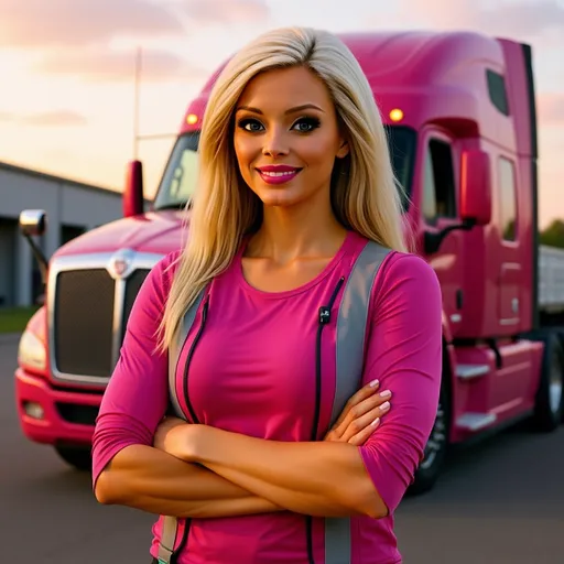 Prompt: Standing confidently with her arms folded against a backdrop of soft twilight, a woman with a thin, athletic build in a bright pink long-sleeve work shirt featuring a safety vest with reflective stripes, beams with pride. Her blonde hair cascades down her shoulders, framing her friendly, determined face illuminated by the gentle glow of the dusk. Behind her, a striking pink and white 18-wheeler dominates the scene, reflecting a vibrant and progressive work culture. The environment is a warehouse complex with other trucks in an industrial area, further emphasized by the warm tones of the fading day. This image conveys a sense of empowerment and resilience, showcasing a woman thriving in a traditionally male-dominated field.