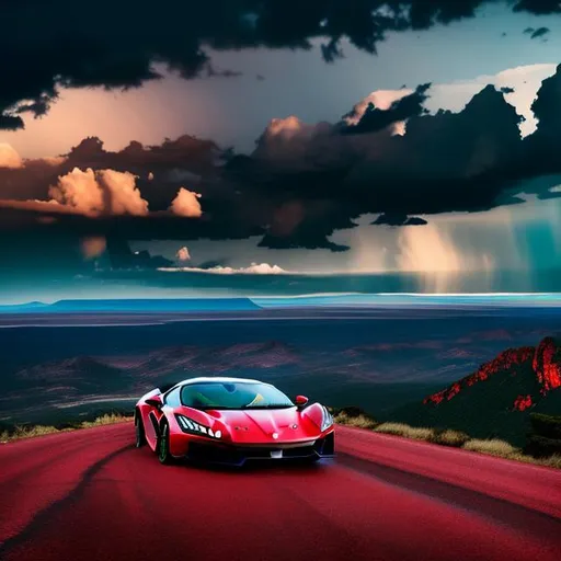 Prompt: long shot scenic professional photograph of {scenery}, perfect viewpoint, highly detailed, wide-angle lens, hyper realistic, with dramatic sky, polarizing filter, natural lighting, vivid colors, everything in sharp focus, HDR, UHD, 64K, with A man, car like red Ferrari, messy hair,good bulk physic