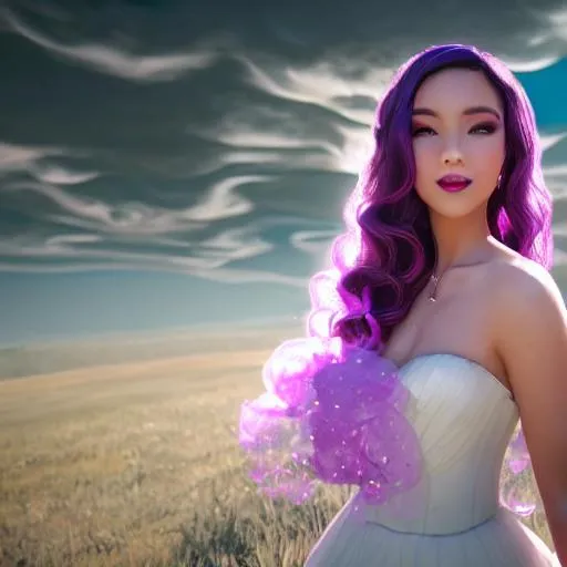 Prompt: Beautiful and sweet girl of warm glaze, wearing vaporous wedding dress, discrete make up, glowing up, large curly black marine blue hair, light sparkles, drapping, big lips, pink cheeks, translucid, unreal engine 8k octane, 3d lightning, stellar clouds, quartz and opal, gem rain, soft white skin, long wavy hair, nice smile, luminous chest, fantasy, silence