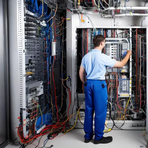 Prompt: back view of a technician standing doing maintenance on a electrical control panel