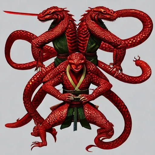 Prompt: two-headed-mutant-aikido-uniform-reptilian-serpent-anatomy-red-scaled-snake-skin holding katana-sword-samurai-armour