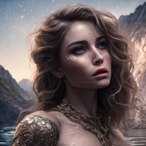 Prompt: ((Hyper realistic/cinematic/masterpiece/8K/UHD/Extremely detailed haute couture)) 
Woman, goddess, upperbody shot, riverside, mountains, night, moonlight, 3D illustrator, detailed body, detailed face, wavy hair, gorgeous.