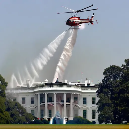 Prompt: heli landing while the white house is on fire