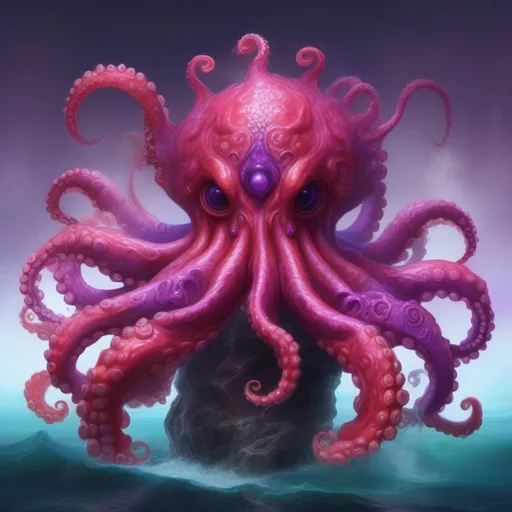 Prompt: cephalopod, red tentacles, dark pink and purple puffy armor, king of demons and earthly spirits, masterpiece, Best Quality