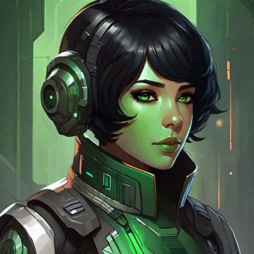 Prompt: A male scifi female mandalorean cyborg. she has short black hair. mandalorean uniform. she has green skin. Handsome. well drawn face. detailed. star wars art. 2d art. 2d