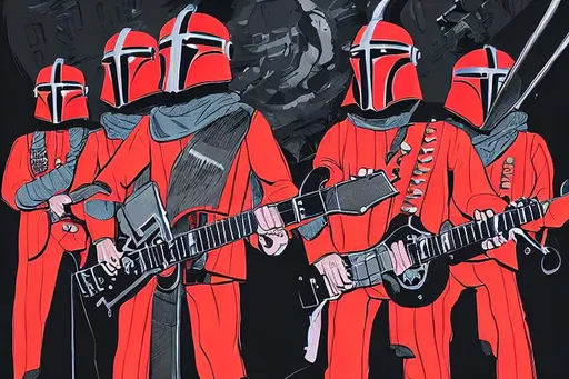 Prompt: all five members of devo standing in a row with guitars, wearing mandalorian helmets, in comic book style
