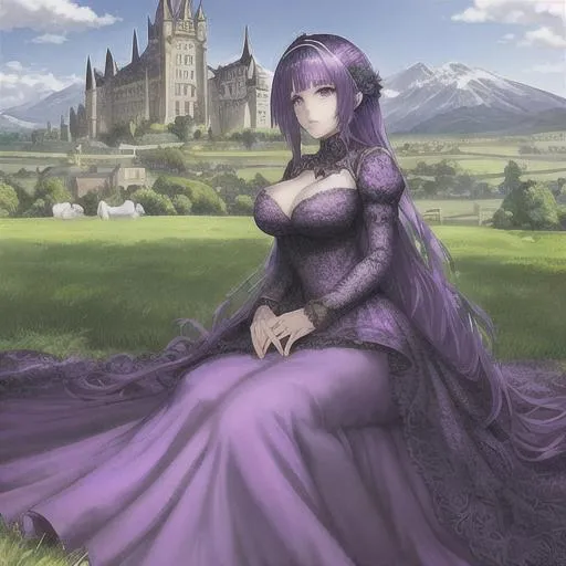 Prompt: anime eyes, beautiful intricate purple hair, intricate ball gown, in a field with sheep and a castle in the background, blue sky's, bright colors, mountains, mid ground
